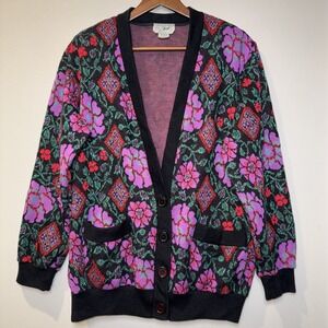 Vtg 1980's OHI Sz S Vibrant Floral Cardigan Sweater Button Granny‎ Pink Black